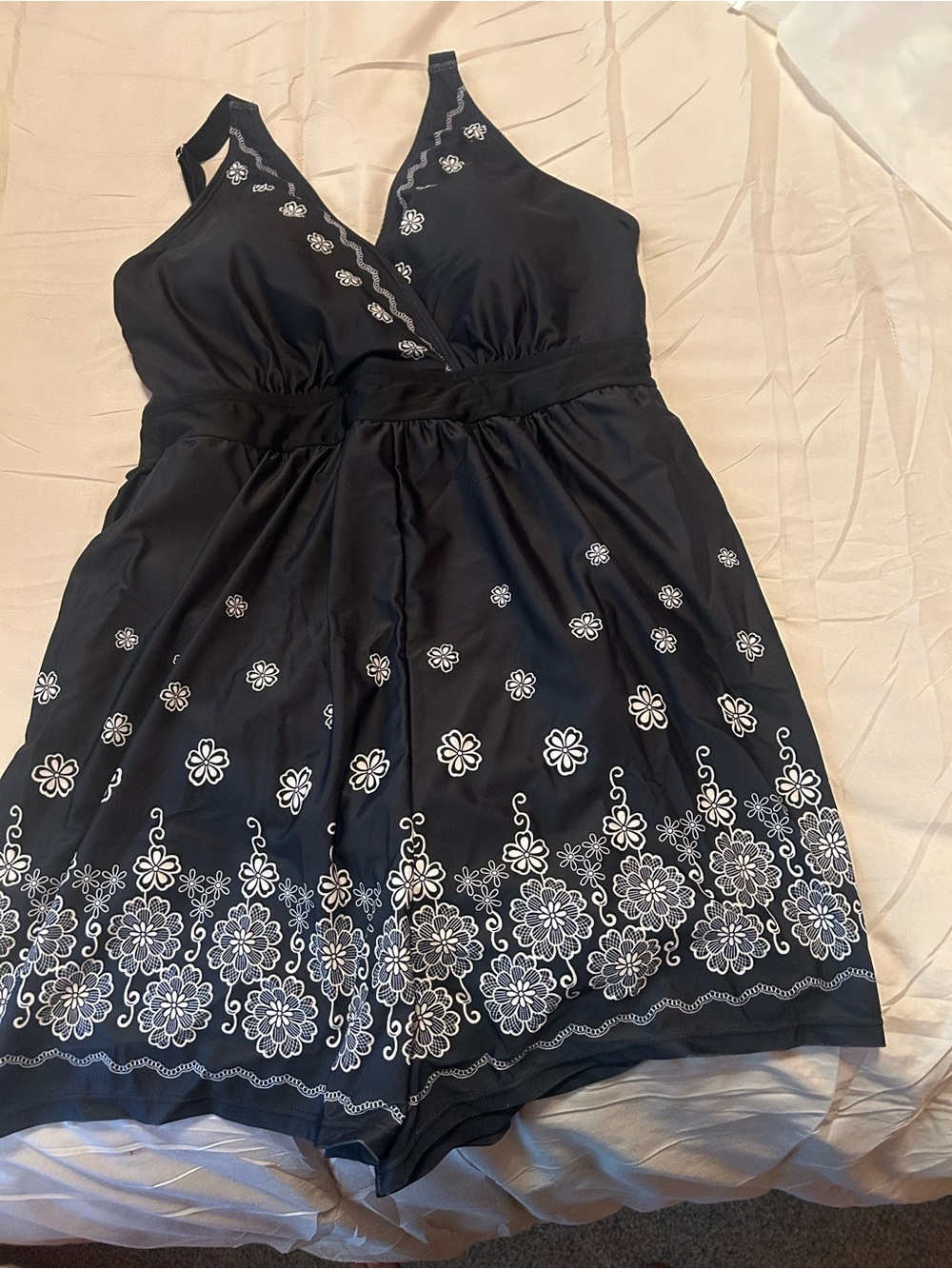 Black Floral Embroidered V-Neck Womens Dress